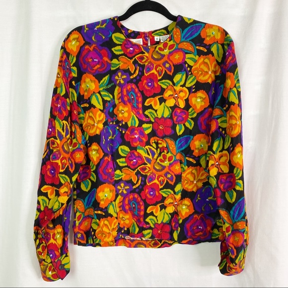 Vintage Tops - Vintage 80’s Bright Psychedelic Floral Paisley Print Long Sleeve Top Med